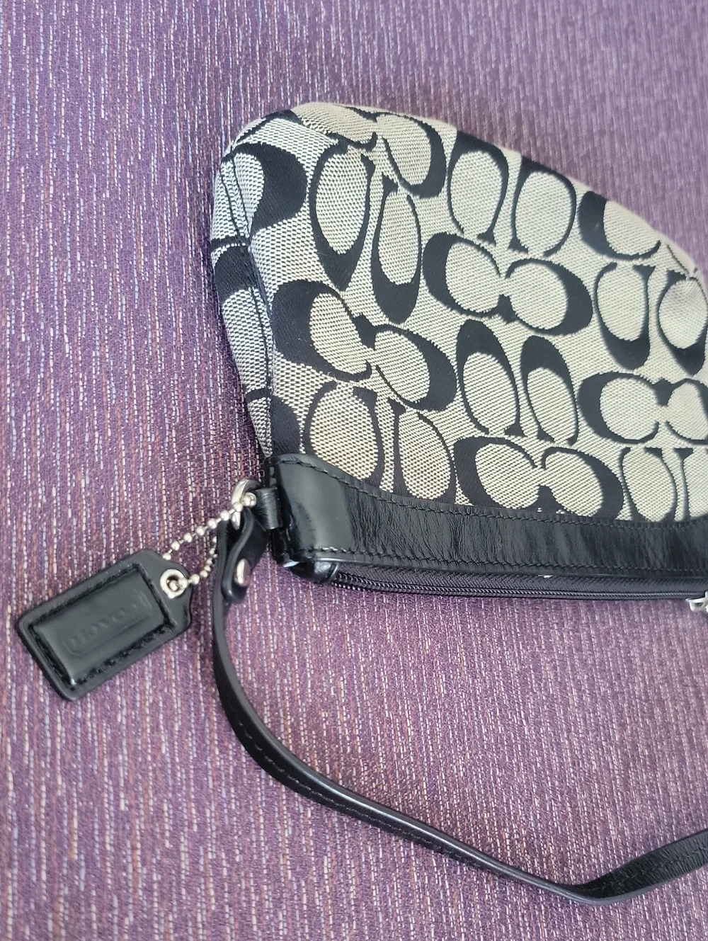 Coach Black & Gray Signature Canvas Wristlet with Leather Trim